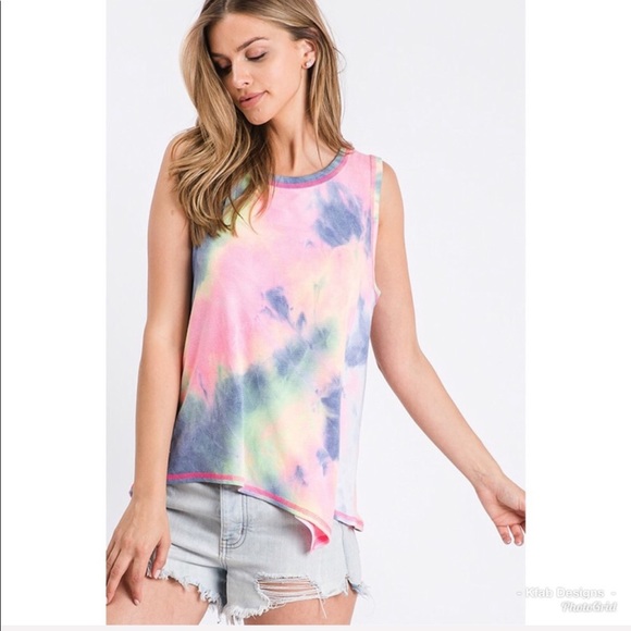 LAST! Pink/Blue Tie Dye Asymmetric Hem Top! - Picture 5 of 8